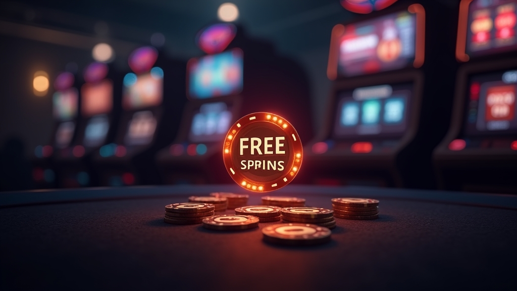 Simbolo di bonus gratuito e slot illuminate in una scena da casinò scuro